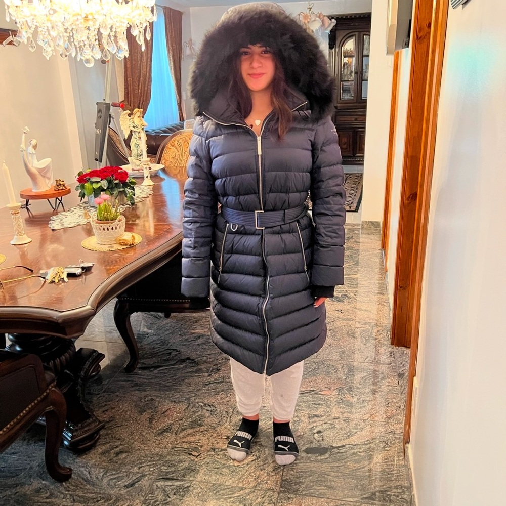 Women's Navy Puffer Coat with Fur Hood